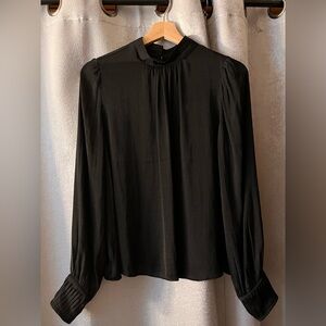 Black Long Sleeve Pleated Blouse with Mandarin Collar